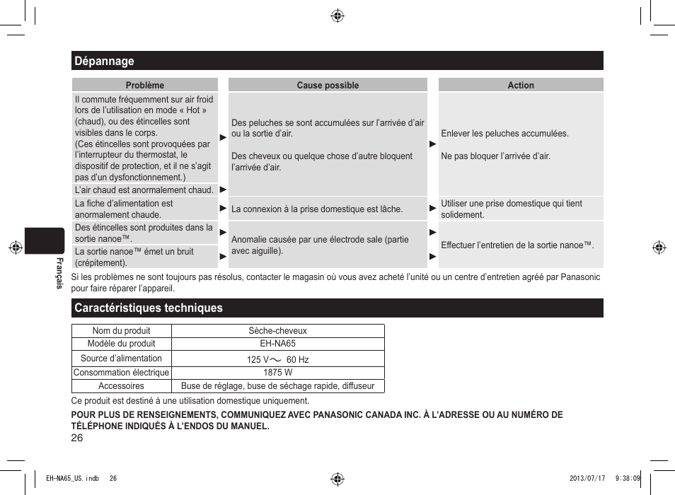 Dépannage, Caractéristiques techniques, Caractéristiquestechniques | Panasonic EH-NA65-K User Manual | Page 26 / 40