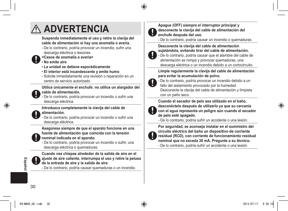 Advertencia | Panasonic EH-NA65-K User Manual | Page 30 / 40