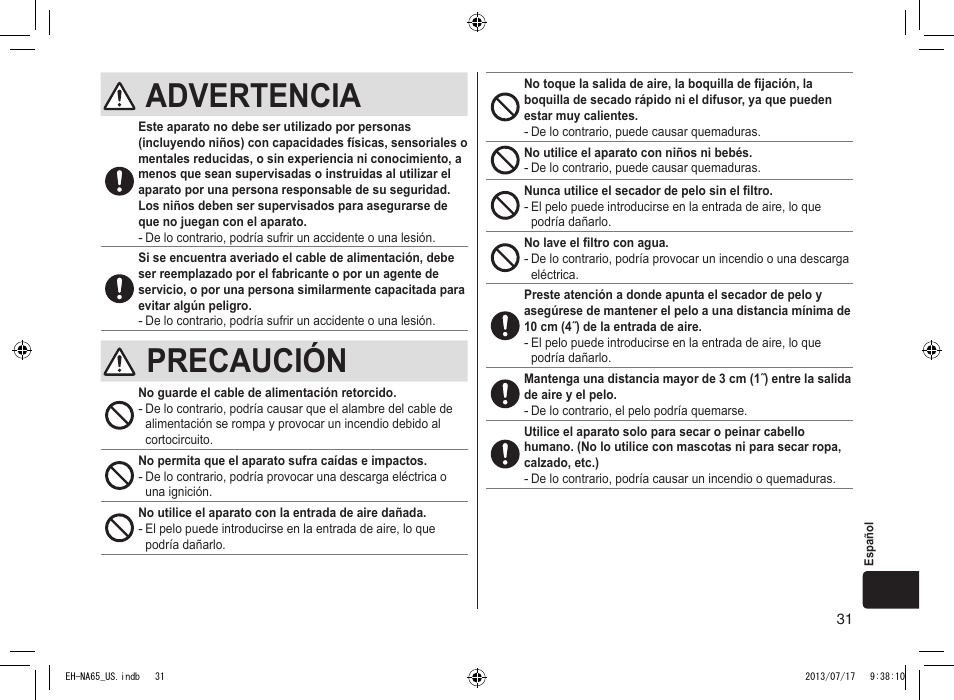 Advertencia, Precaución | Panasonic EH-NA65-K User Manual | Page 31 / 40