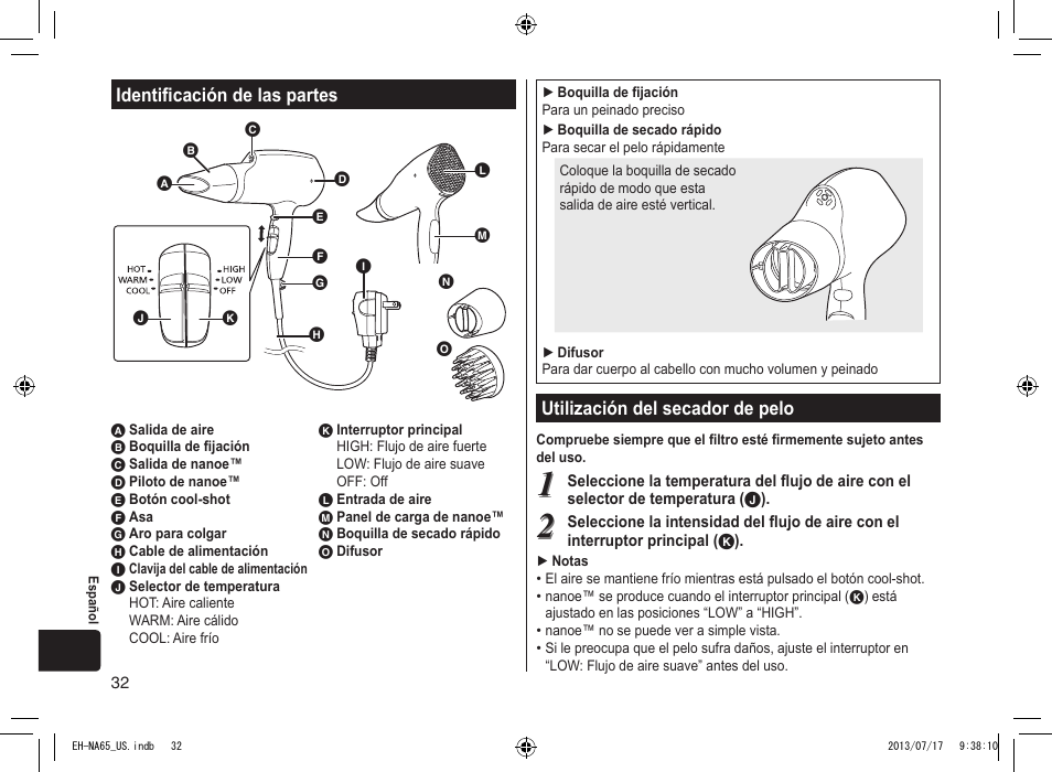 Identificación de las partes, Utilización del secador de pelo | Panasonic EH-NA65-K User Manual | Page 32 / 40