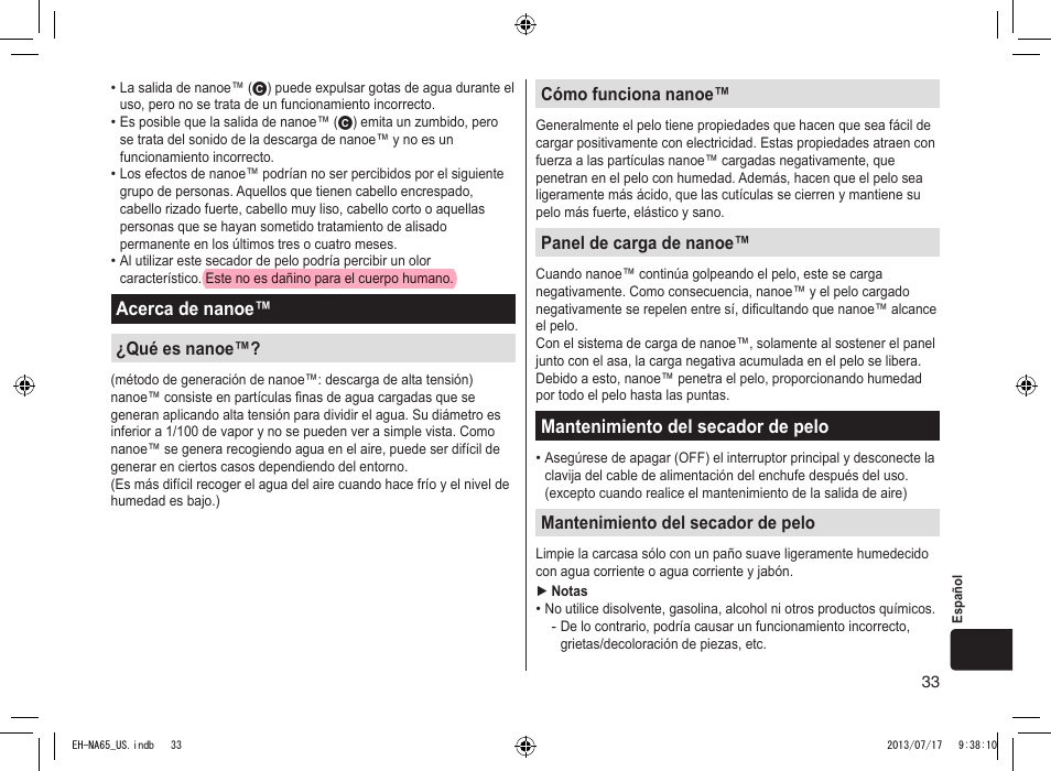 Acerca de nanoe, Mantenimiento del secador de pelo, Mantenimientodelsecadordepelo | Acercadenanoe | Panasonic EH-NA65-K User Manual | Page 33 / 40