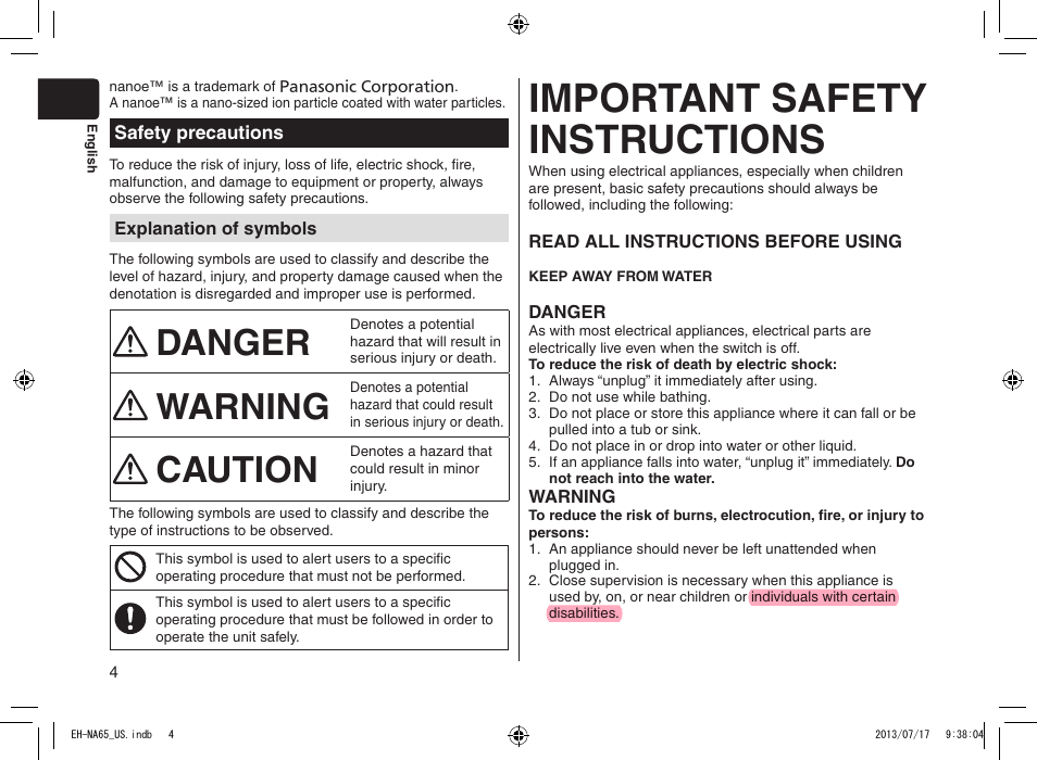 Safety precautions, Importantsafety instructions, Danger | Warning, Caution | Panasonic EH-NA65-K User Manual | Page 4 / 40