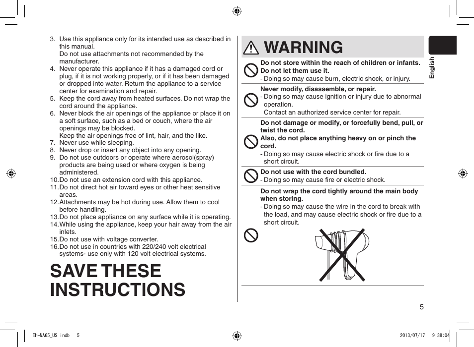 Savethese instructions, Warning | Panasonic EH-NA65-K User Manual | Page 5 / 40