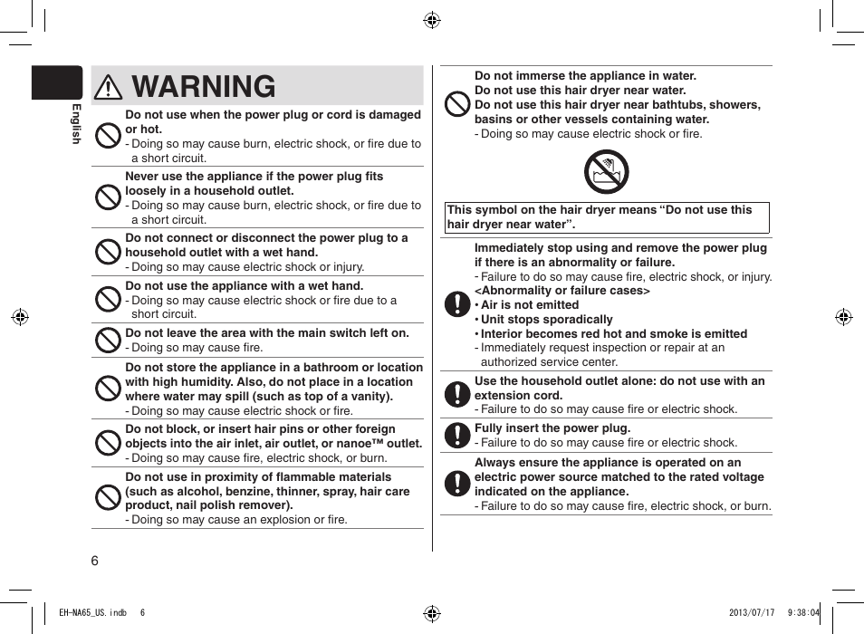 Warning | Panasonic EH-NA65-K User Manual | Page 6 / 40