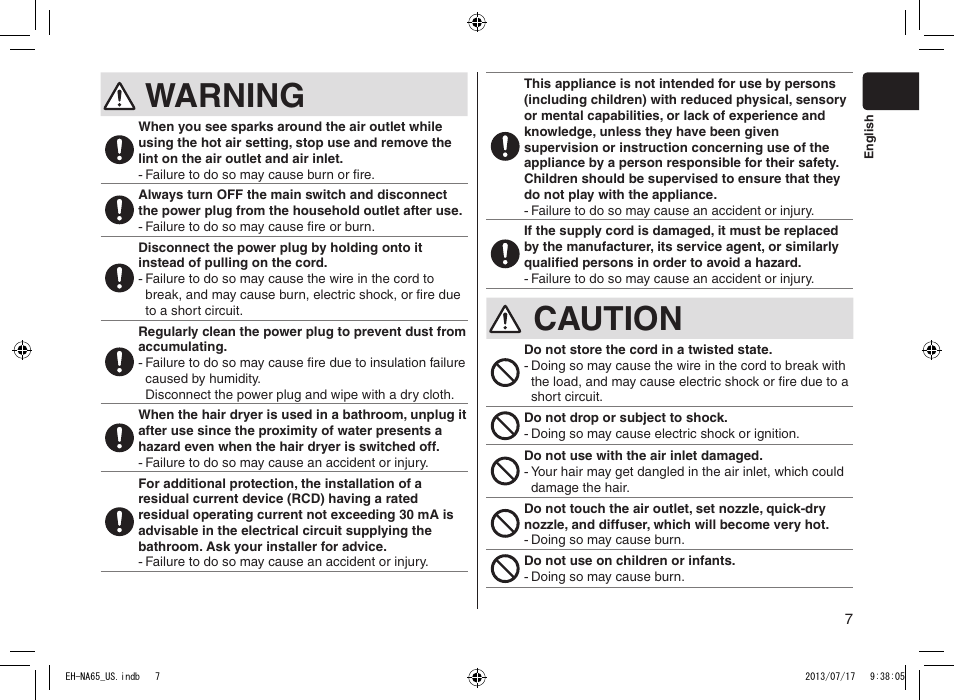 Warning, Caution | Panasonic EH-NA65-K User Manual | Page 7 / 40