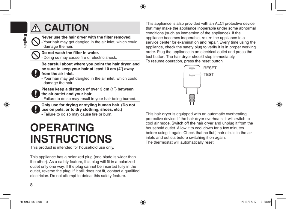Operating instructions, Caution | Panasonic EH-NA65-K User Manual | Page 8 / 40