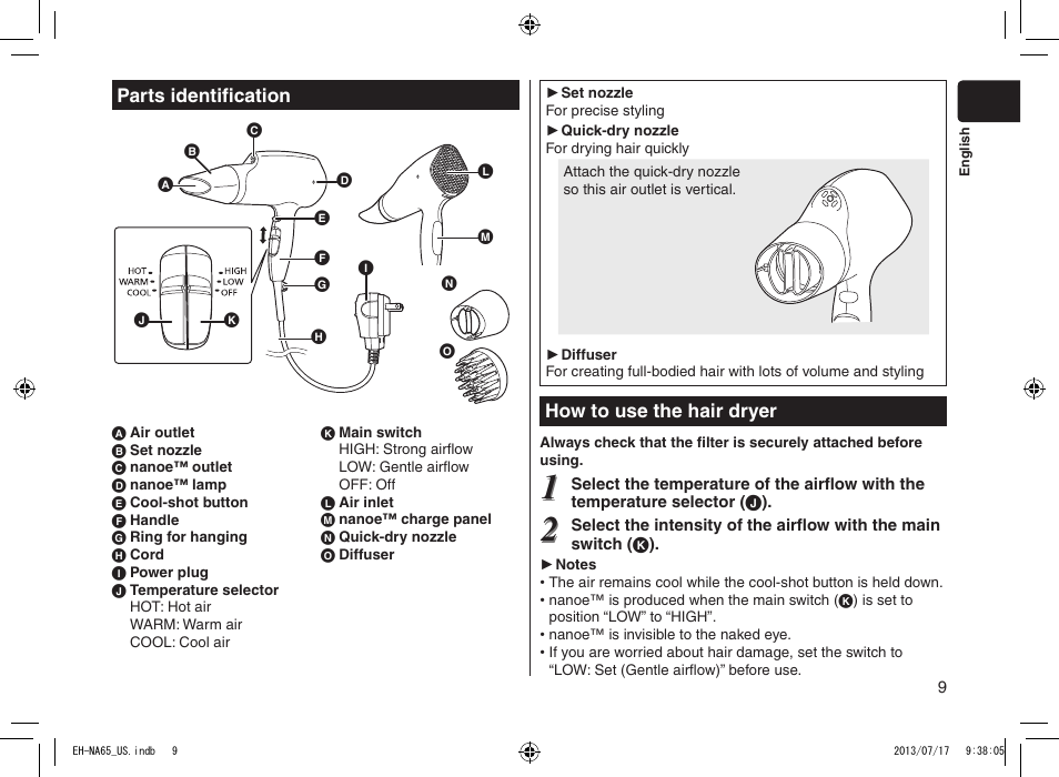 Parts identification, How to use the hair dryer | Panasonic EH-NA65-K User Manual | Page 9 / 40