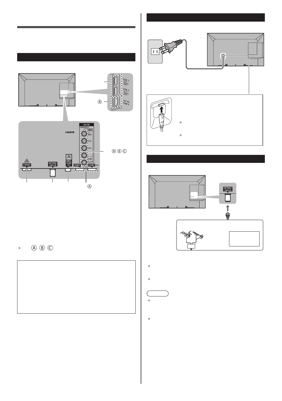Connections, Power cord connection, Antenna connection | Connection panels | Panasonic TC-60AS640U User Manual | Page 11 / 28