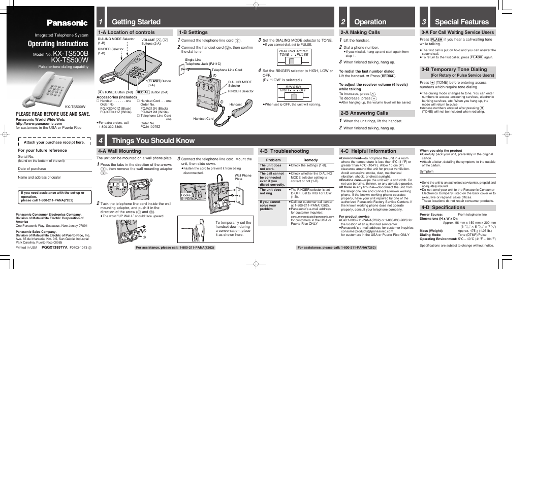 Panasonic KX-TS500B User Manual | 2 pages