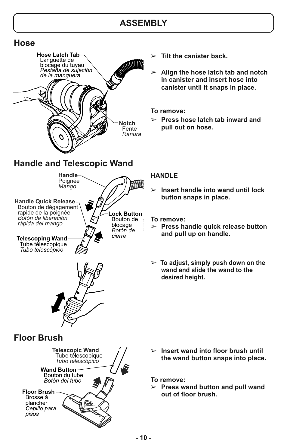 Assembly, Hose, Floor brush | Handle and telescopic wand | Panasonic MC-CL933 User Manual | Page 10 / 44