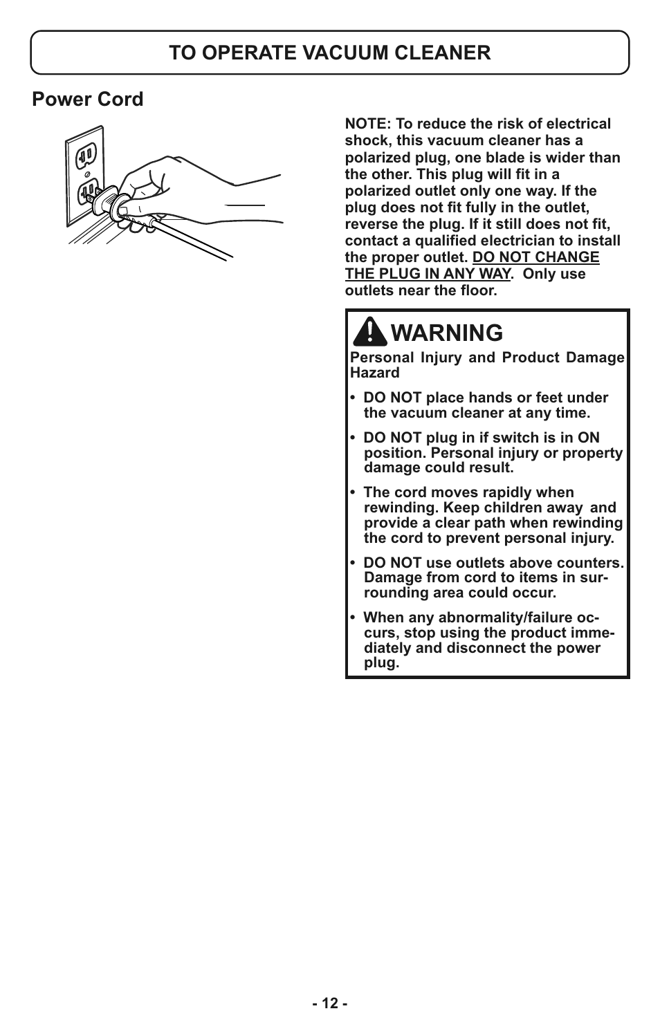 To operate vacuum cleaner, Warning | Panasonic MC-CL933 User Manual | Page 12 / 44