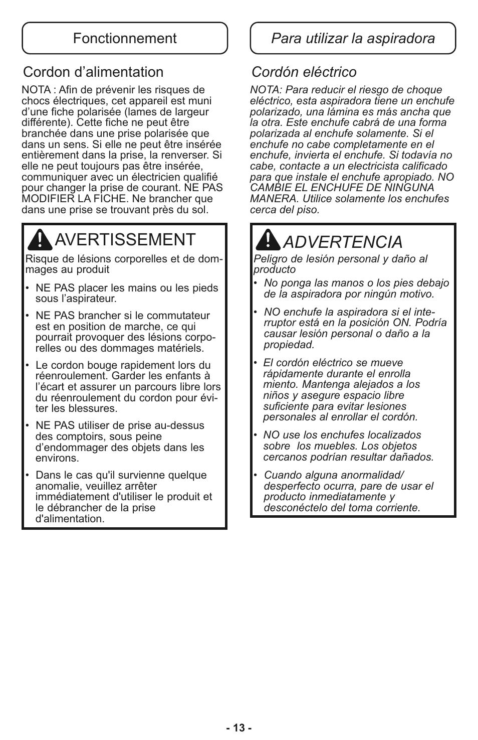 Avertissement, Advertencia | Panasonic MC-CL933 User Manual | Page 13 / 44