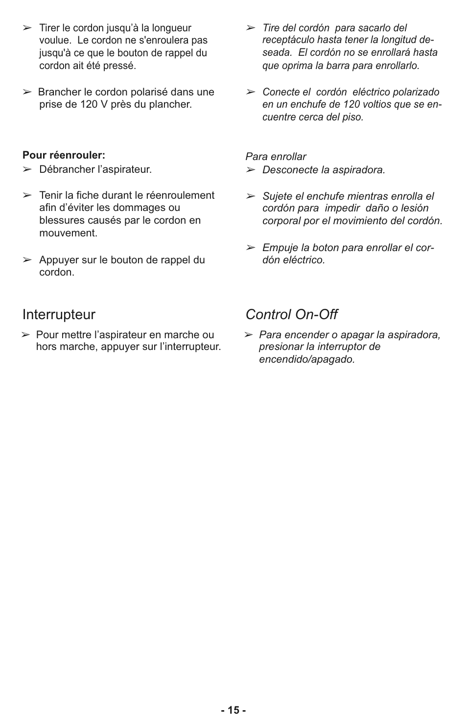 Interrupteur control on-off | Panasonic MC-CL933 User Manual | Page 15 / 44