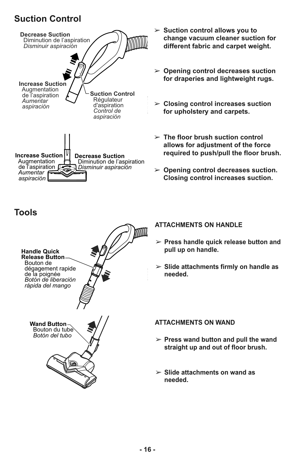 Tools, Suction control | Panasonic MC-CL933 User Manual | Page 16 / 44