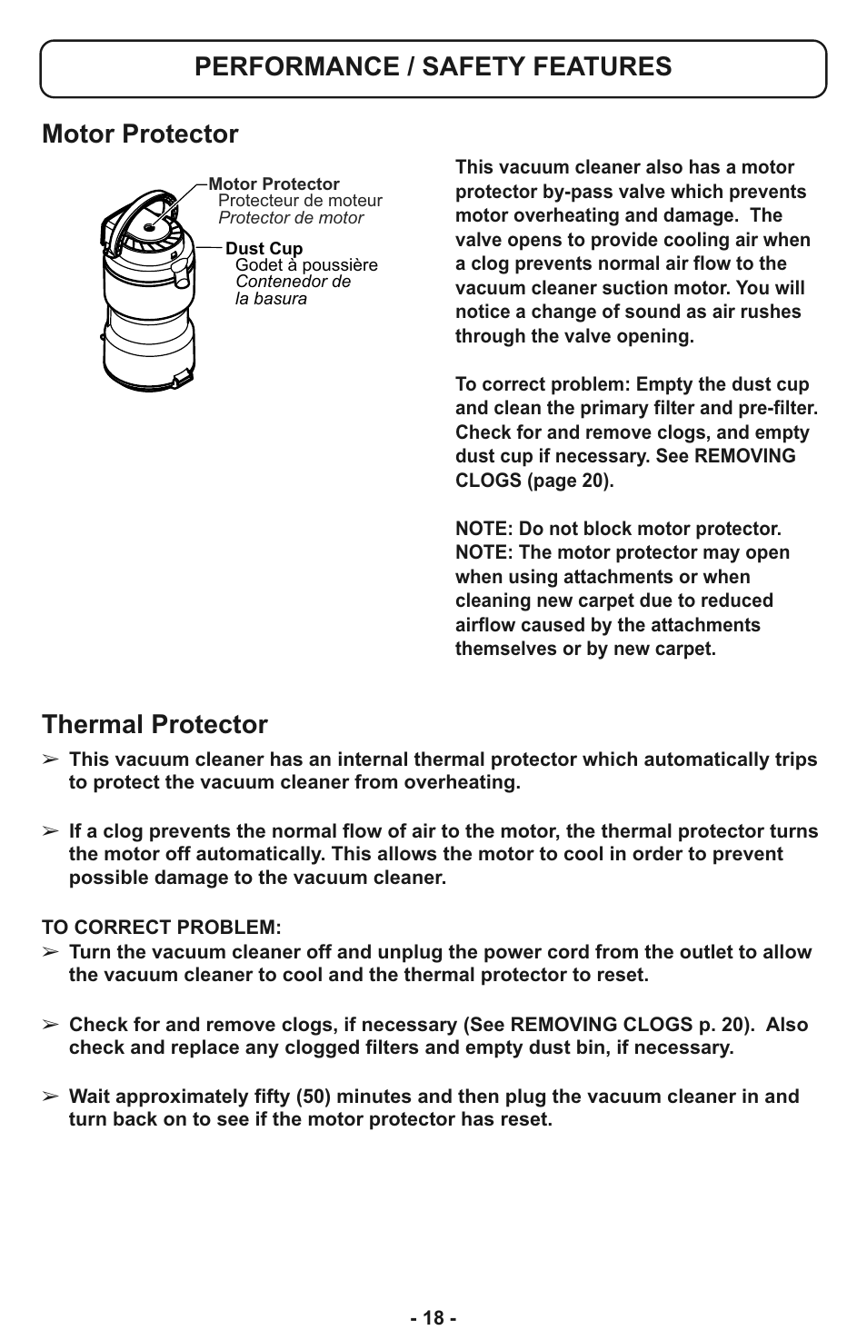 Performance/safety features, Thermal protector motor protector, Performance / safety features | Panasonic MC-CL933 User Manual | Page 18 / 44