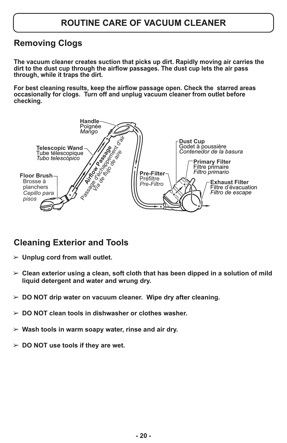 Routine care of vacuum cleaner, Removing clogs routine care of vacuum cleaner, Cleaning exterior and tools | Panasonic MC-CL933 User Manual | Page 20 / 44