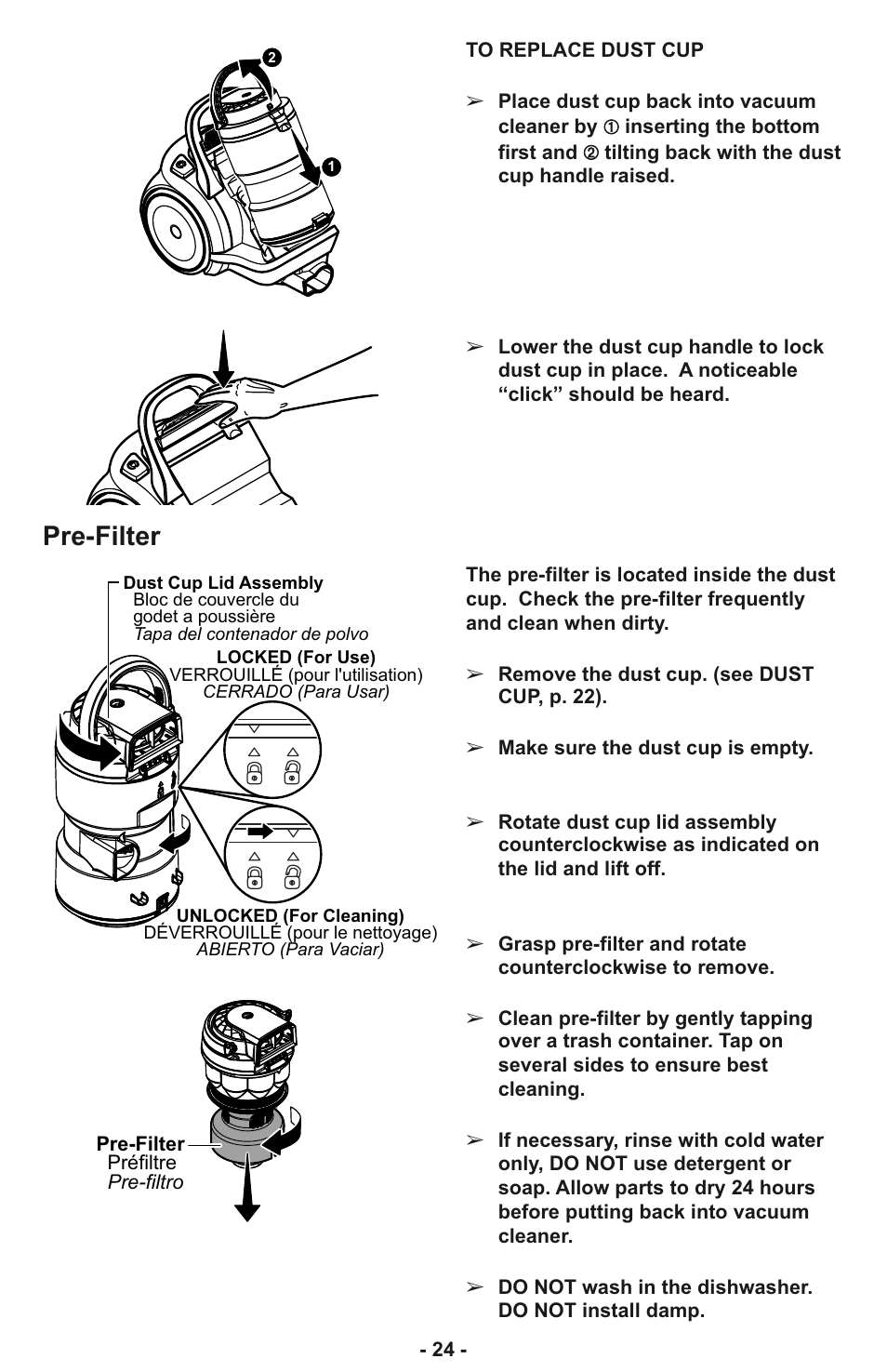 Pre-filter | Panasonic MC-CL933 User Manual | Page 24 / 44