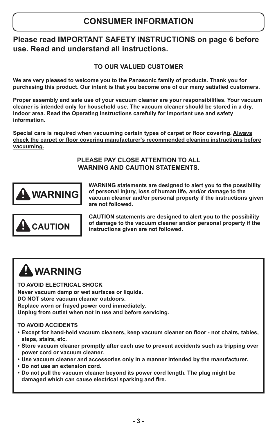 Consumer information, Warning, Caution | Panasonic MC-CL933 User Manual | Page 3 / 44