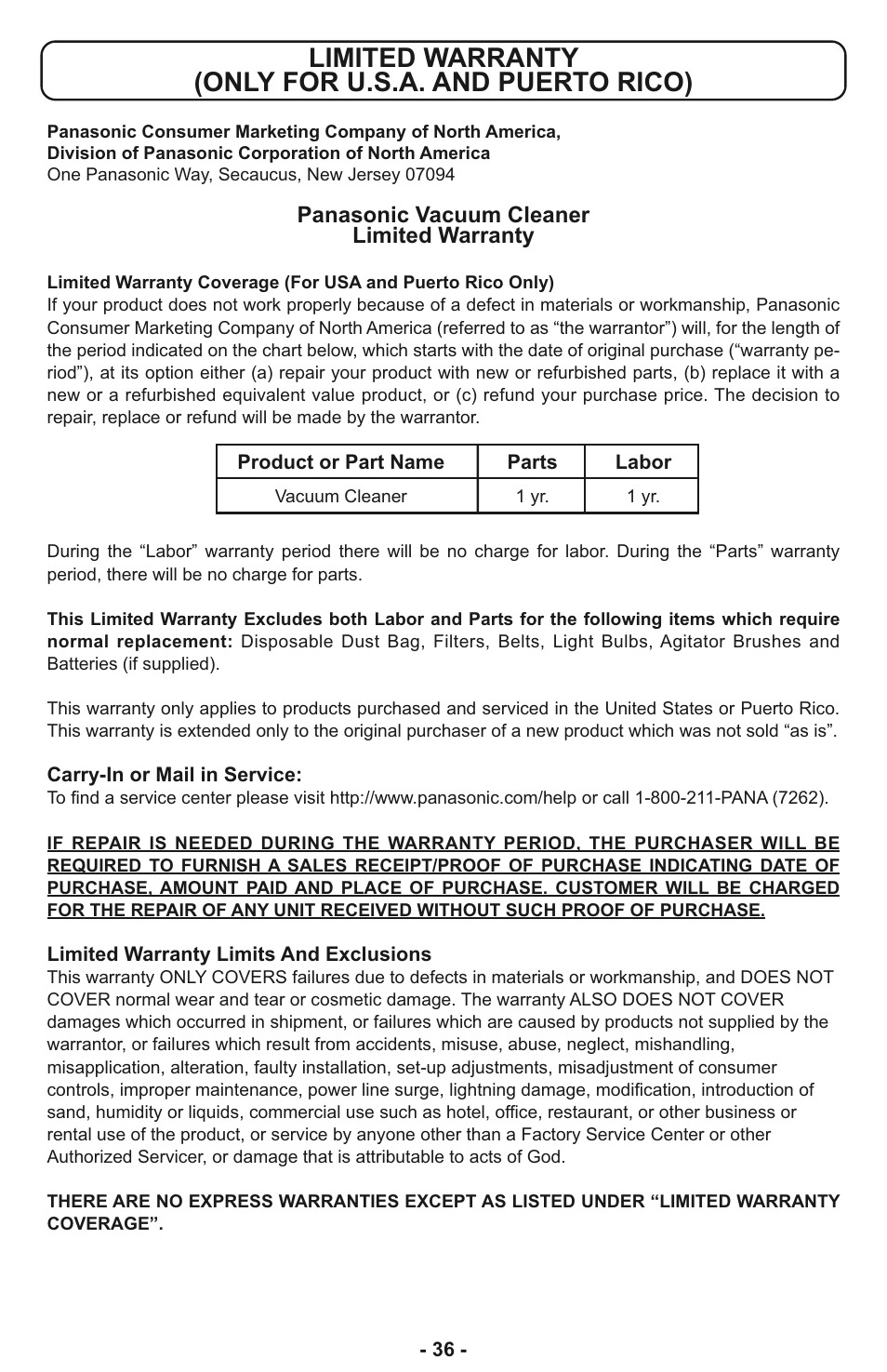 Warranty, Limited warranty (only for u.s.a. and puerto rico) | Panasonic MC-CL933 User Manual | Page 36 / 44