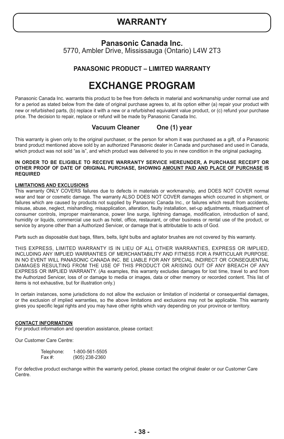 Exchange program, Warranty, Panasonic canada inc | Panasonic MC-CL933 User Manual | Page 38 / 44