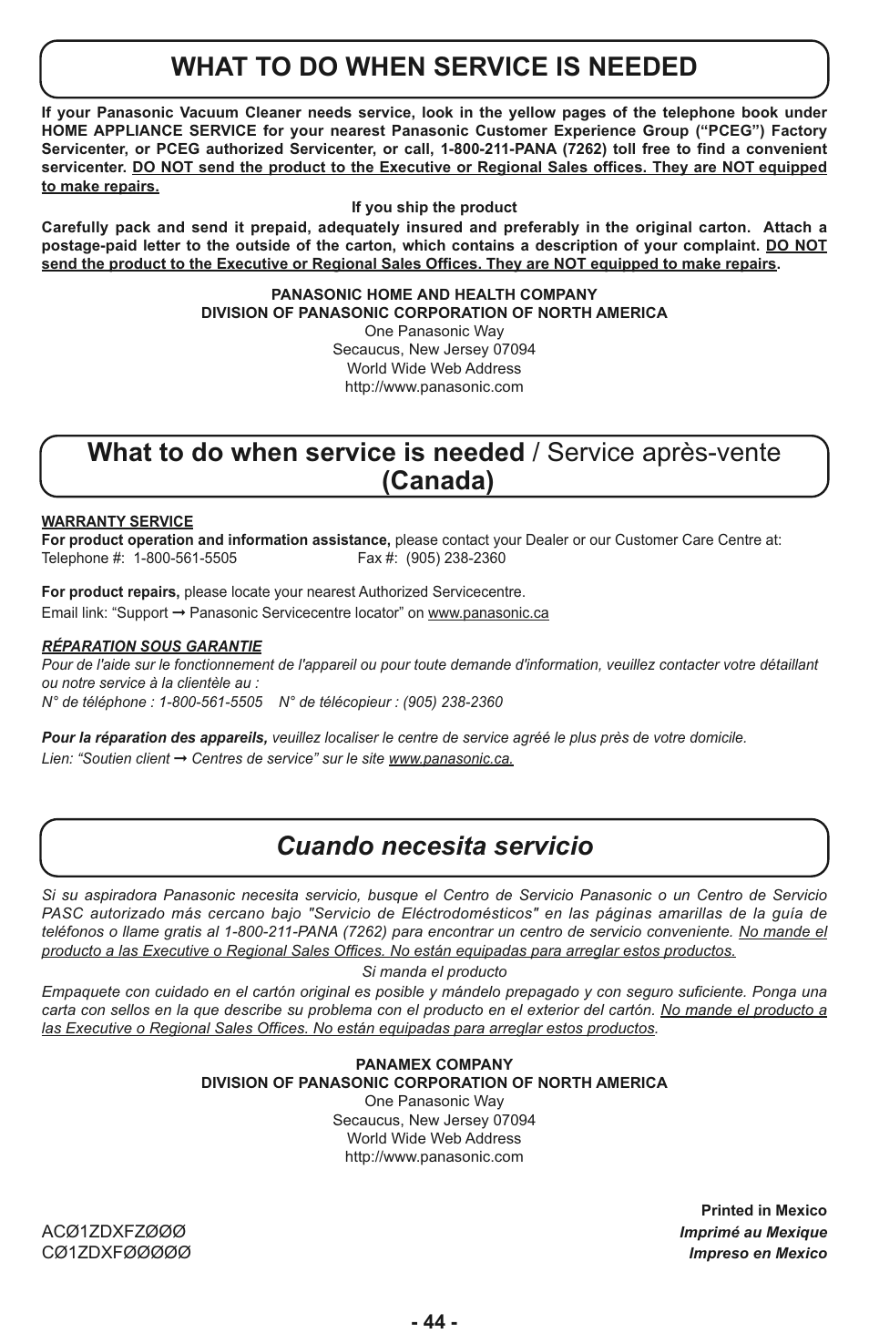 What to do when service is needed | Panasonic MC-CL933 User Manual | Page 44 / 44