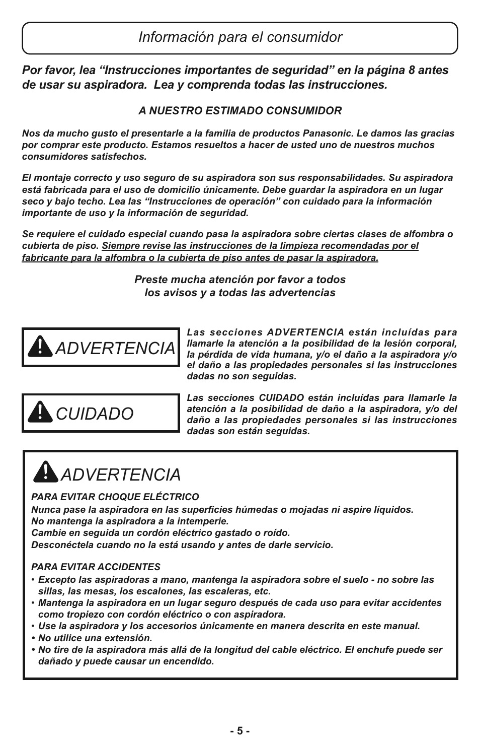 Advertencia, Cuidado, Información para el consumidor | Panasonic MC-CL933 User Manual | Page 5 / 44