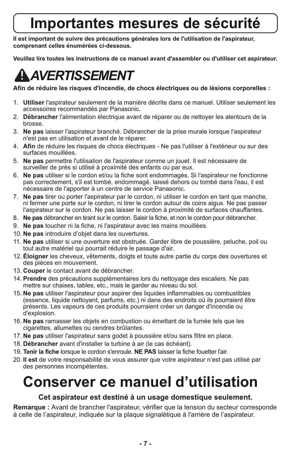 Importantes mesures de sécurité, Conserver ce manuel d’utilisation, Avertissement | Panasonic MC-CL933 User Manual | Page 7 / 44