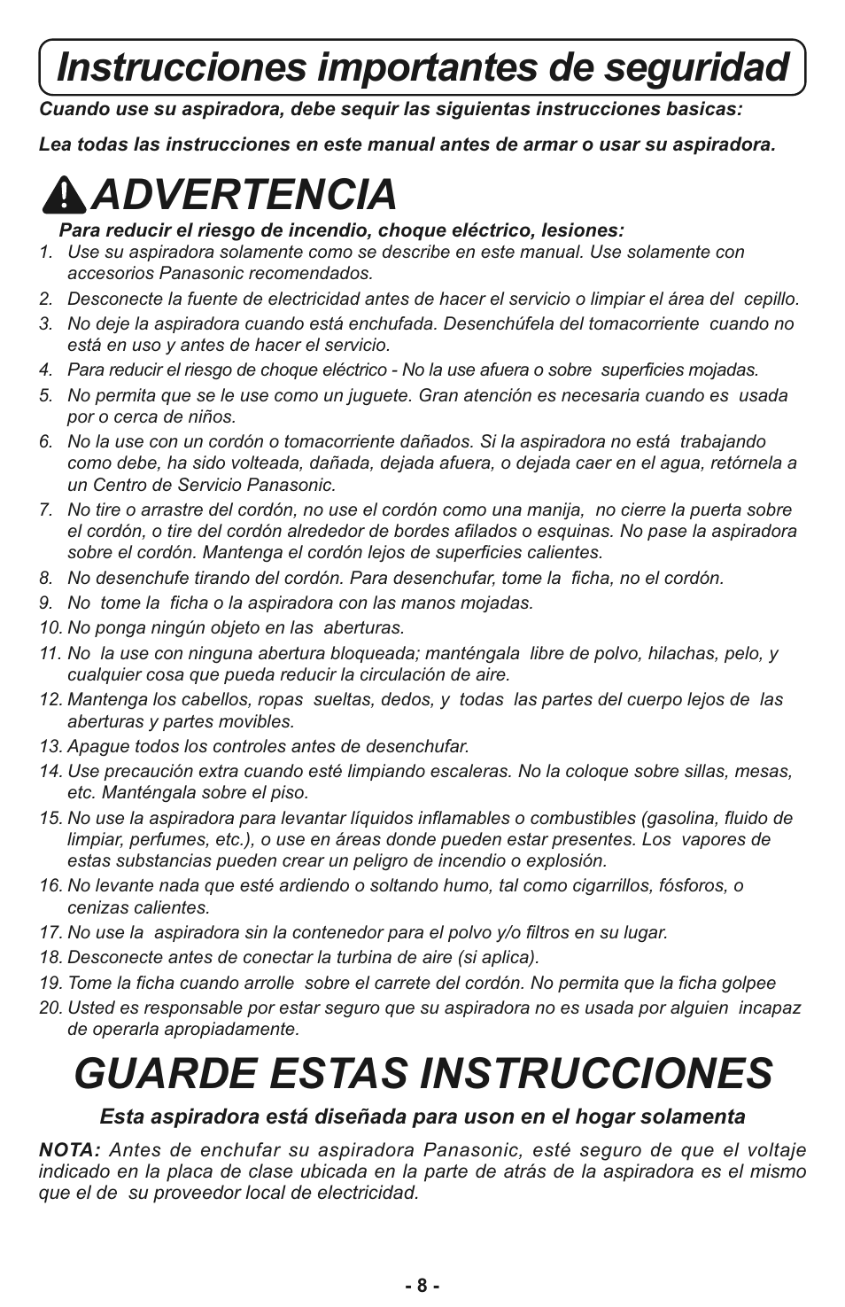 Advertencia, Guarde estas instrucciones, Instrucciones importantes de seguridad | Panasonic MC-CL933 User Manual | Page 8 / 44