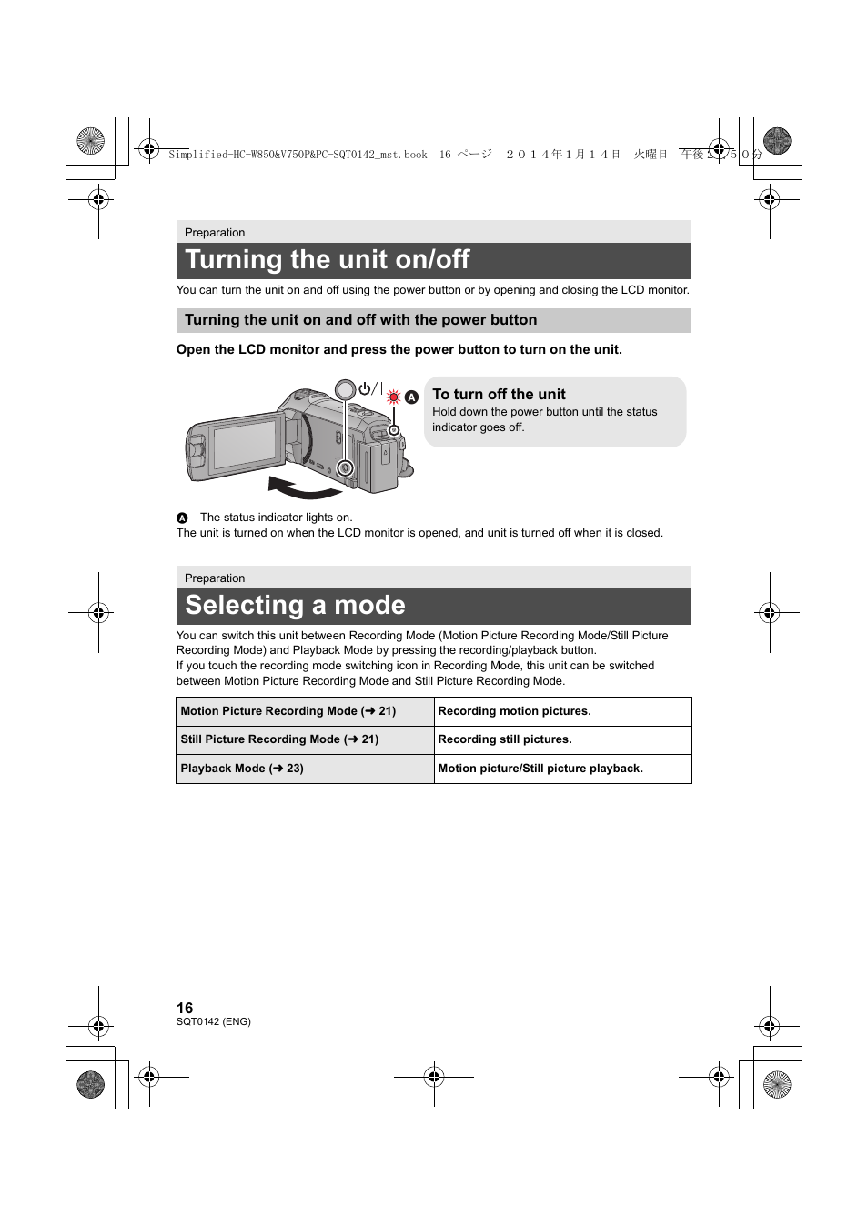 Turning the unit on/off, Selecting a mode | Panasonic HC-V750K User Manual | Page 16 / 40
