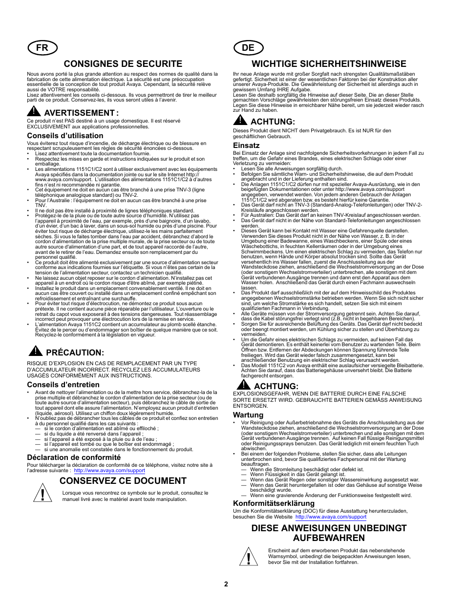 Consignes de securite, Conseils d’utilisation, Conseils d’entretien | Déclaration de conformité, Conservez ce document, Wichtige sicherheitshinweise, Einsatz, Wartung, Konformitätserklärung, Diese anweisungen unbedingt aufbewahren | Avaya 1151C2 User Manual | Page 2 / 22