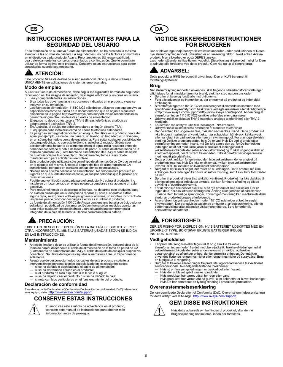 Modo de empleo, Mantenimiento, Declaración de conformidad | Conserve estas instrucciones, Vigtige sikkerhedsinstruktioner for brugeren, Brug, Vedligeholdelse, Overensstemmelseserklæring, Gem disse instruktioner, Atención | Avaya 1151C2 User Manual | Page 3 / 22
