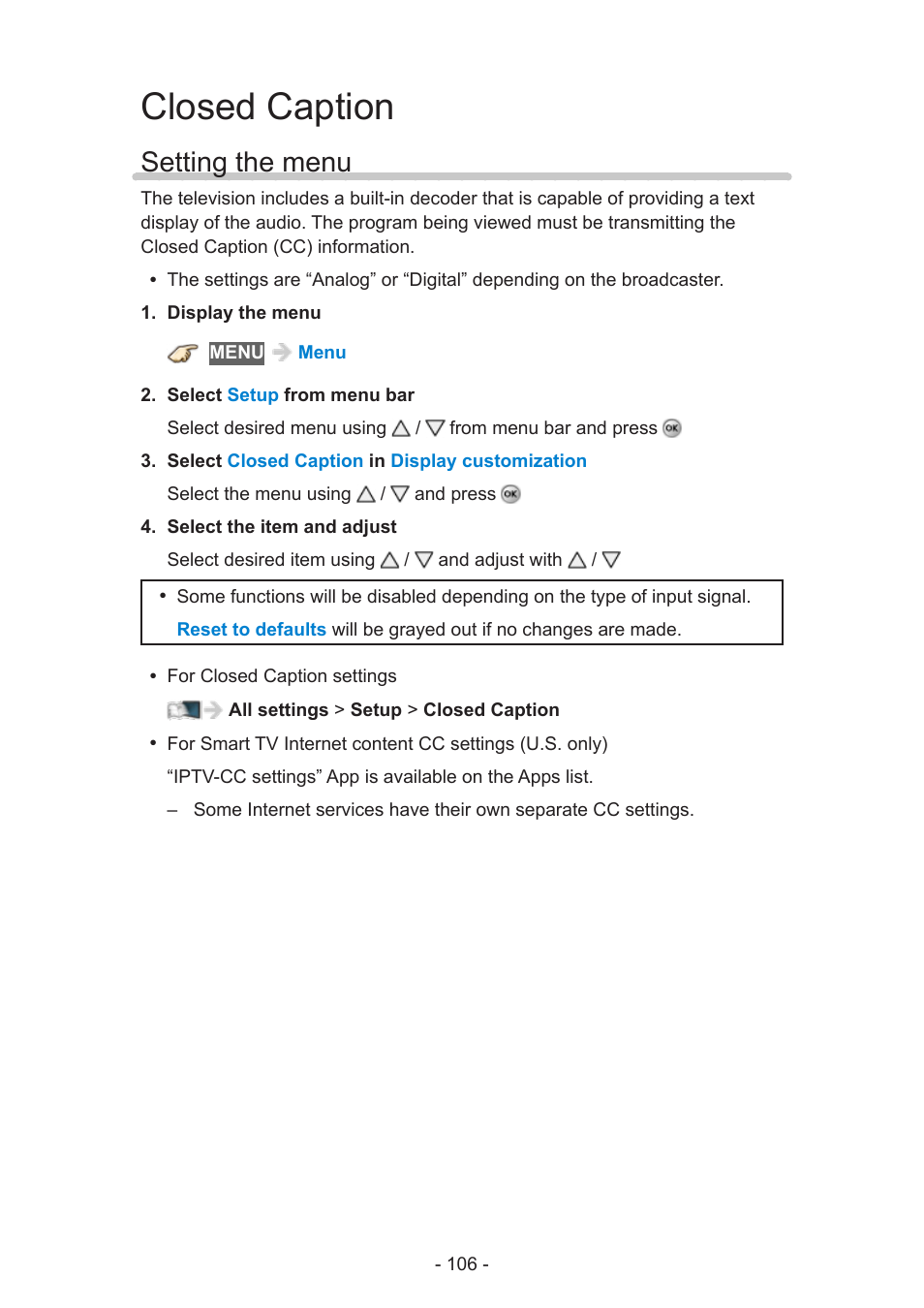 Closed caption, Setting the menu | Panasonic TC-58AX800U User Manual | Page 106 / 209