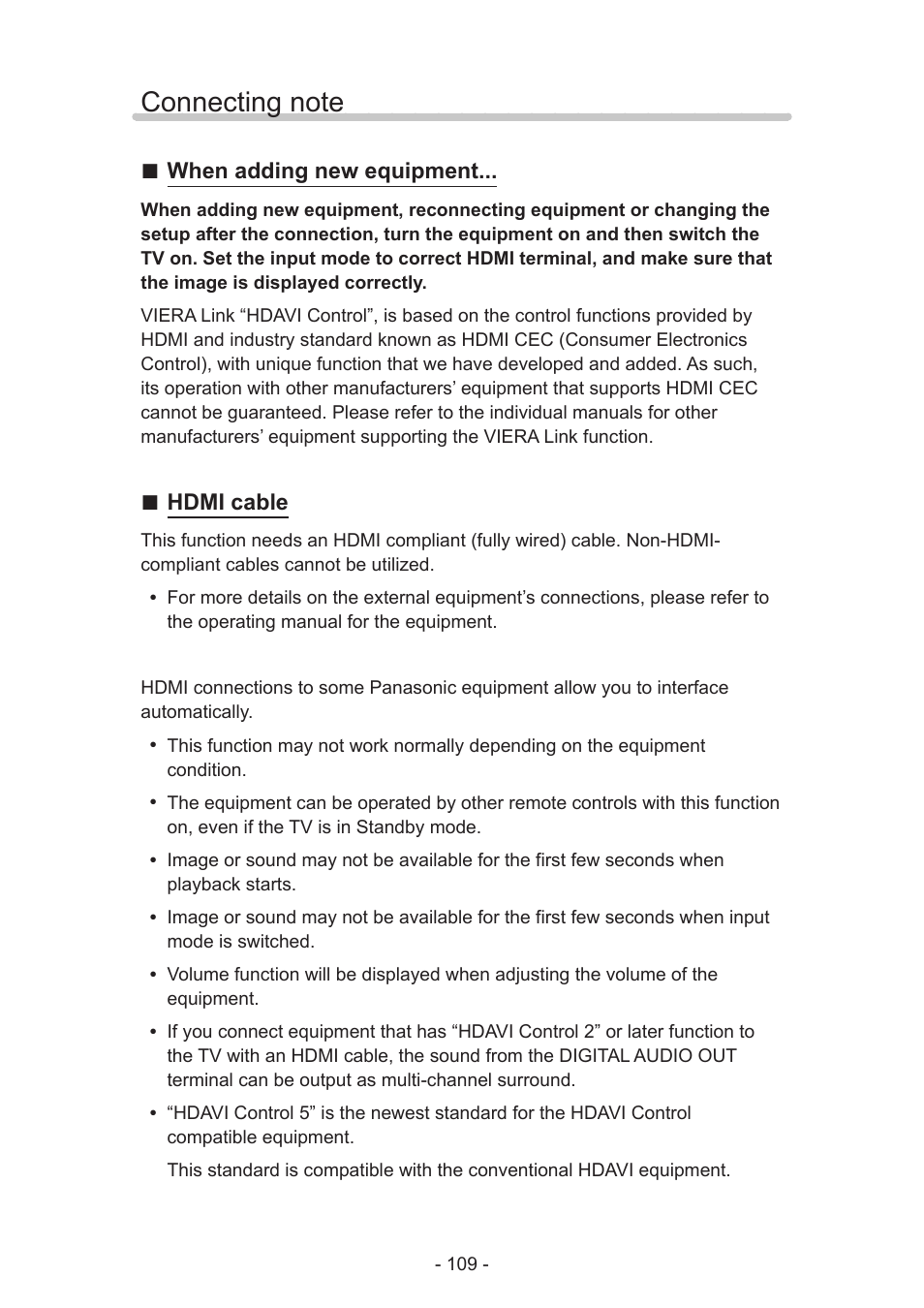 Connecting note, When adding new equipment, Hdmi cable | Panasonic TC-58AX800U User Manual | Page 109 / 209