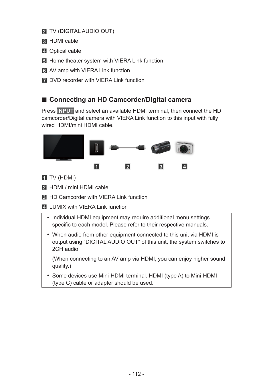 Connecting an hd camcorder/digital camera | Panasonic TC-58AX800U User Manual | Page 112 / 209
