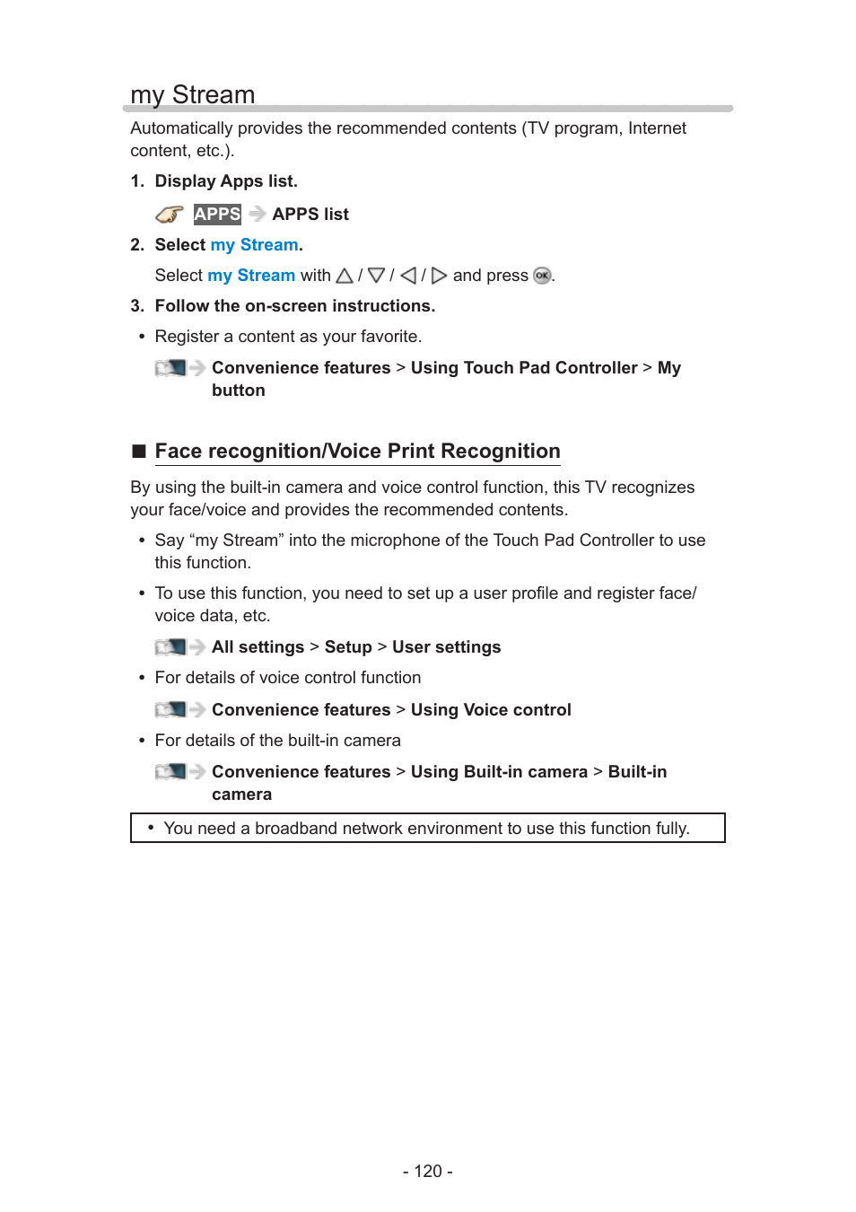 My stream, My stream 120, Face recognition/voice print recognition | Panasonic TC-58AX800U User Manual | Page 120 / 209