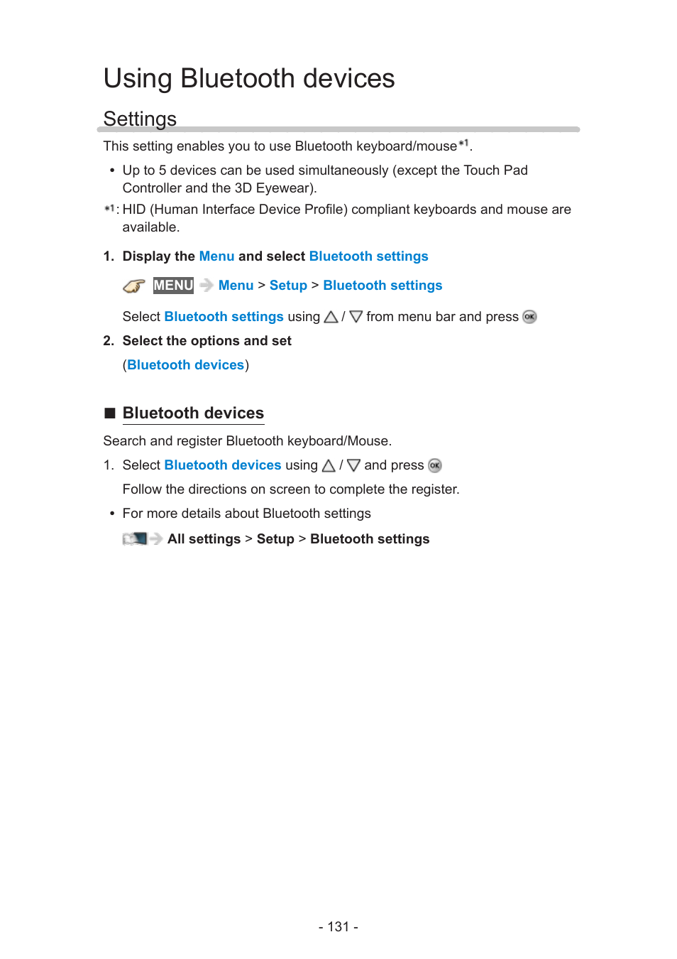Using bluetooth devices, Settings, Settings 131 | Panasonic TC-58AX800U User Manual | Page 131 / 209