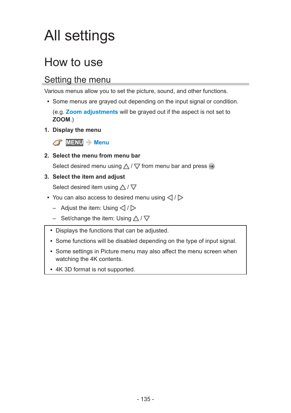 All settings, How to use, Setting the menu | Panasonic TC-58AX800U User Manual | Page 135 / 209