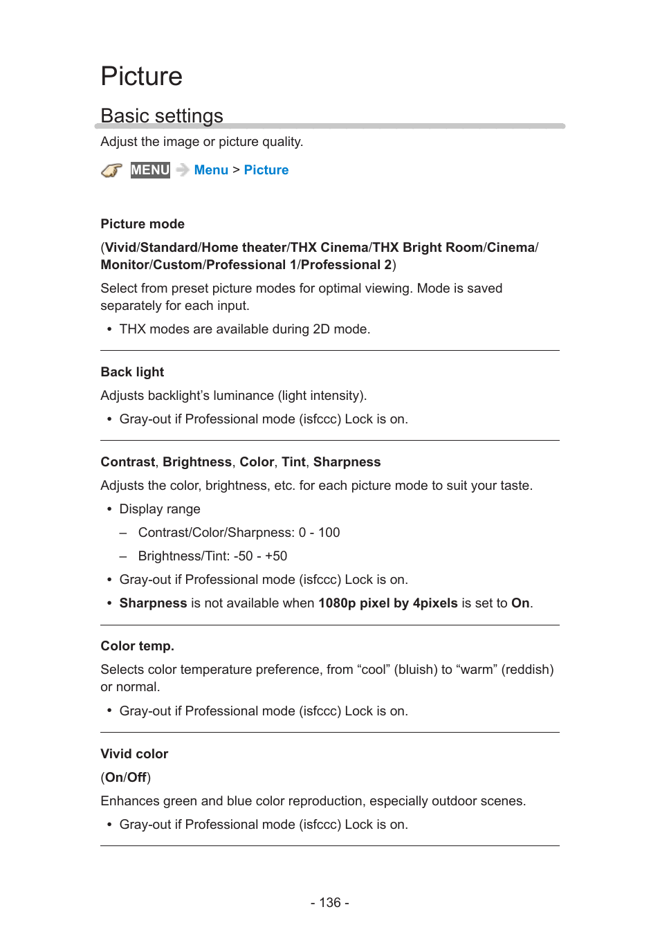 Picture, Basic settings | Panasonic TC-58AX800U User Manual | Page 136 / 209