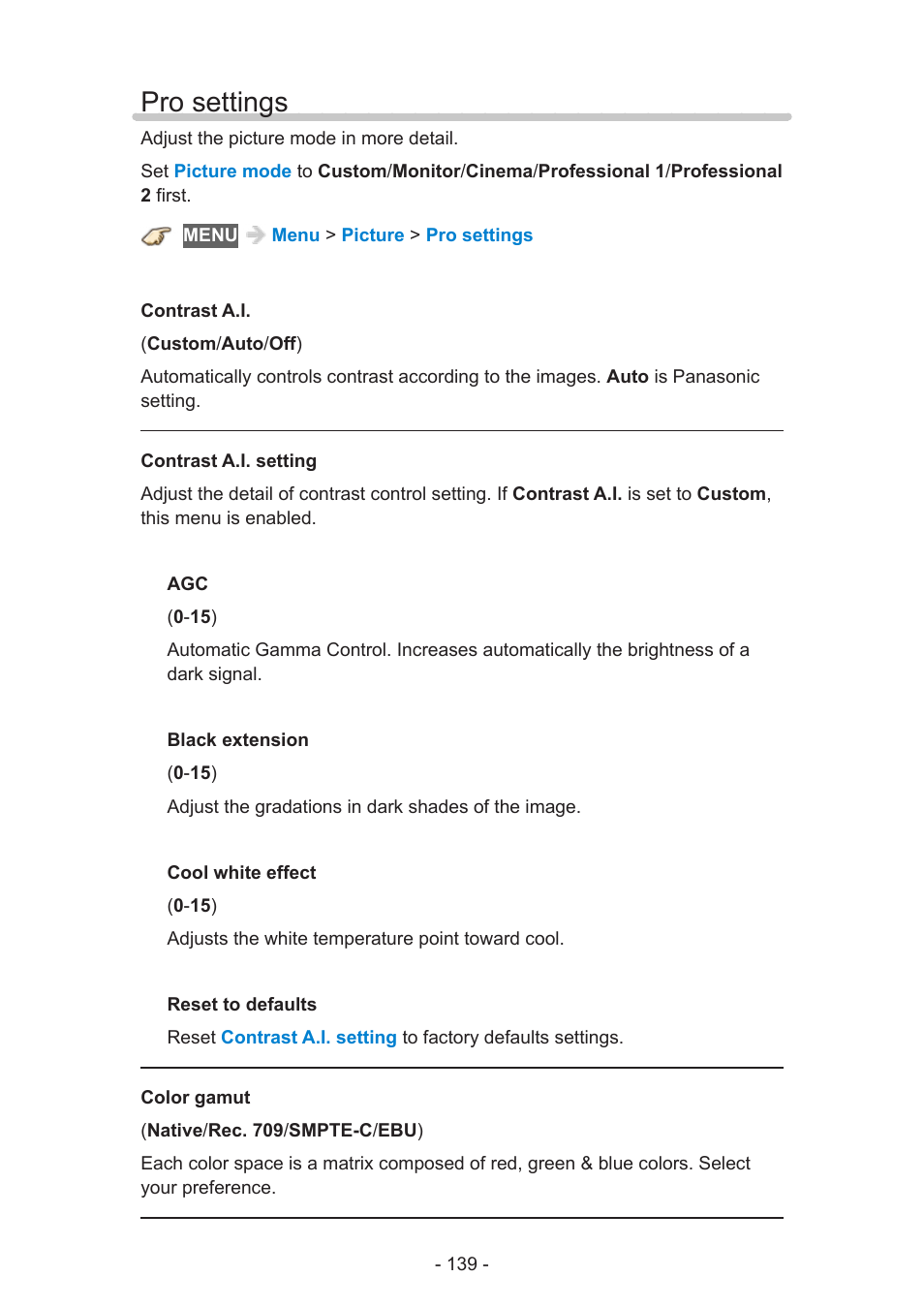 Pro settings, Pro settings 139 | Panasonic TC-58AX800U User Manual | Page 139 / 209