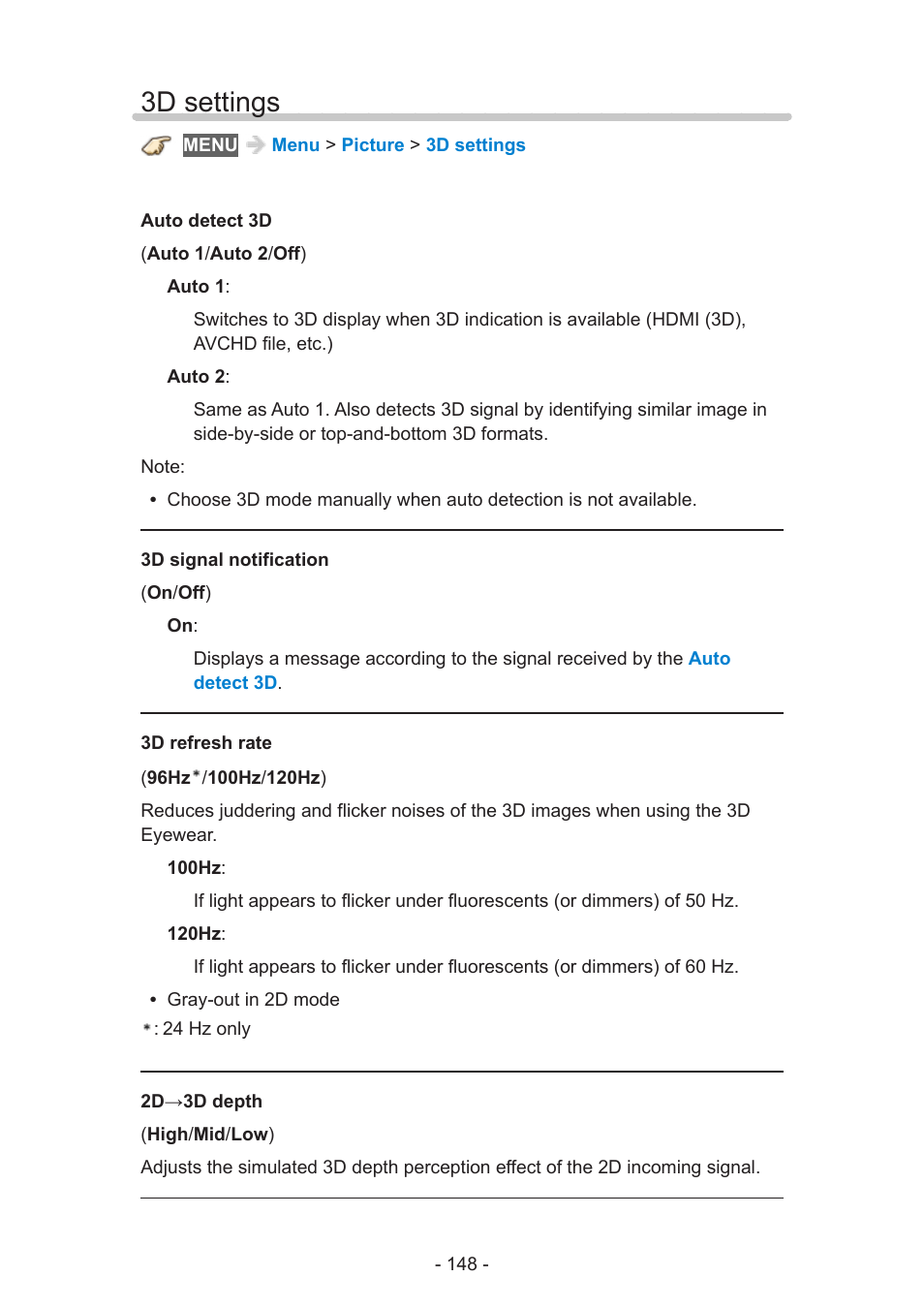 3d settings, 3d settings 148 | Panasonic TC-58AX800U User Manual | Page 148 / 209