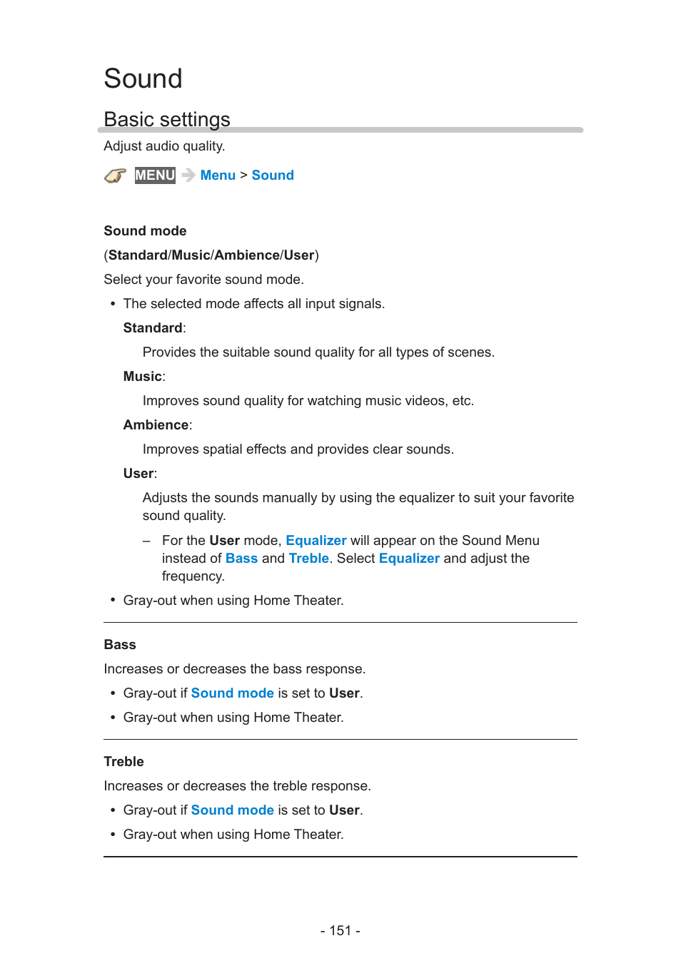 Sound, Basic settings | Panasonic TC-58AX800U User Manual | Page 151 / 209