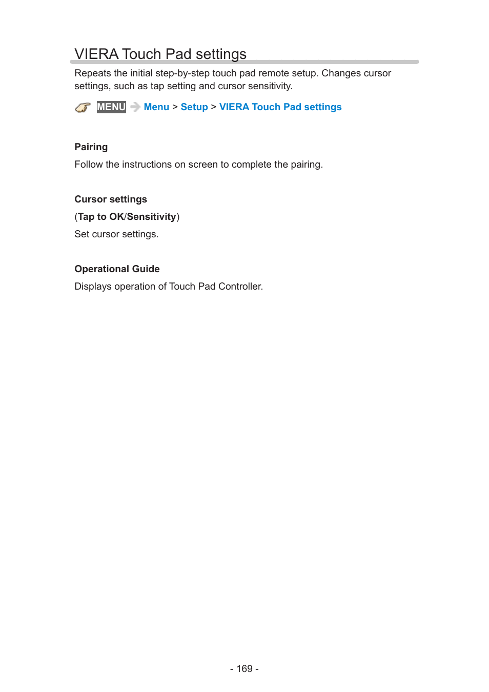 Viera touch pad settings | Panasonic TC-58AX800U User Manual | Page 169 / 209
