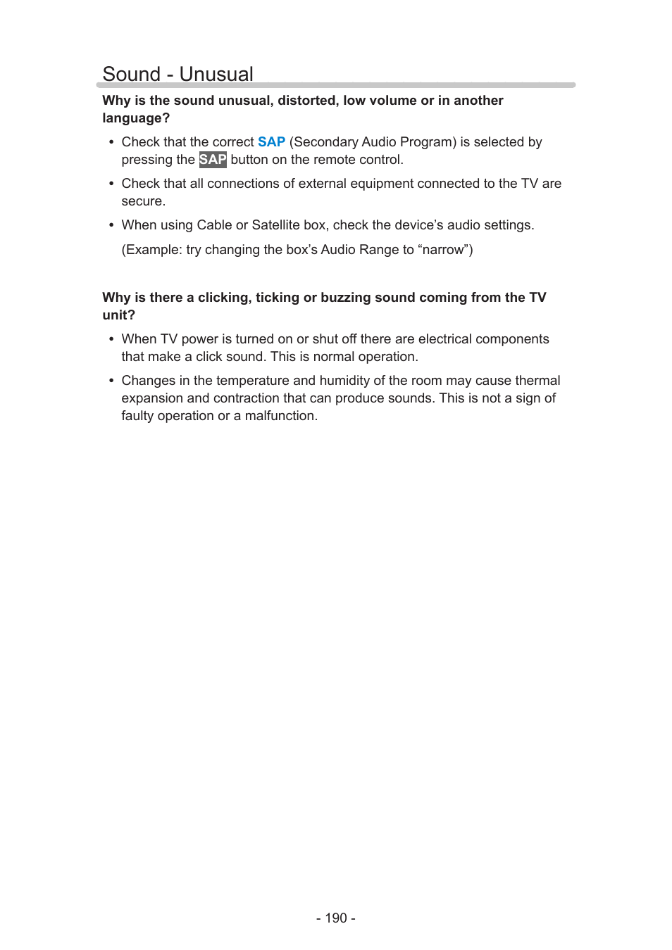 Sound - unusual | Panasonic TC-58AX800U User Manual | Page 190 / 209