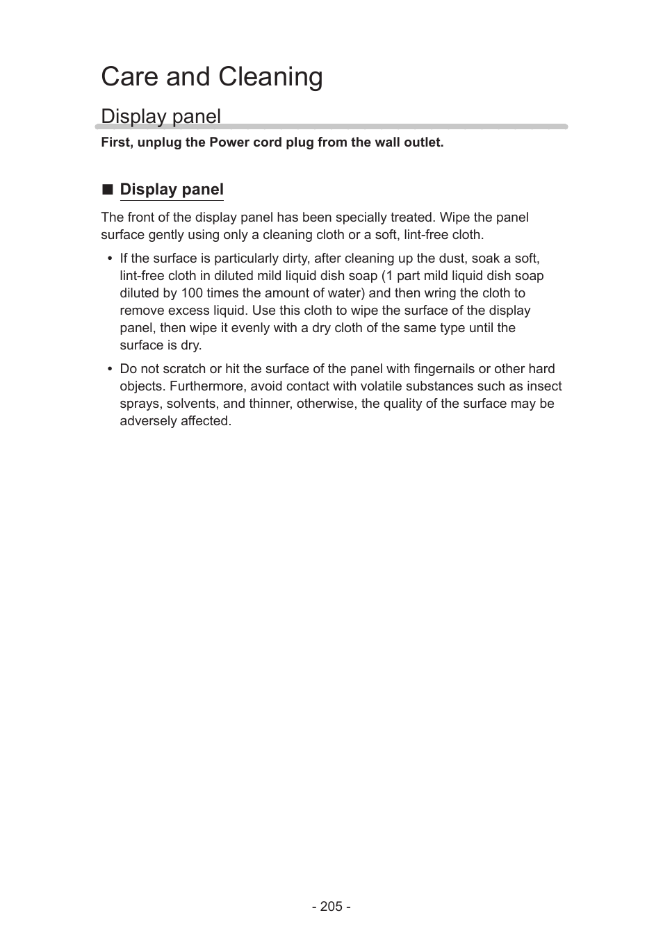Care and cleaning, Display panel | Panasonic TC-58AX800U User Manual | Page 205 / 209