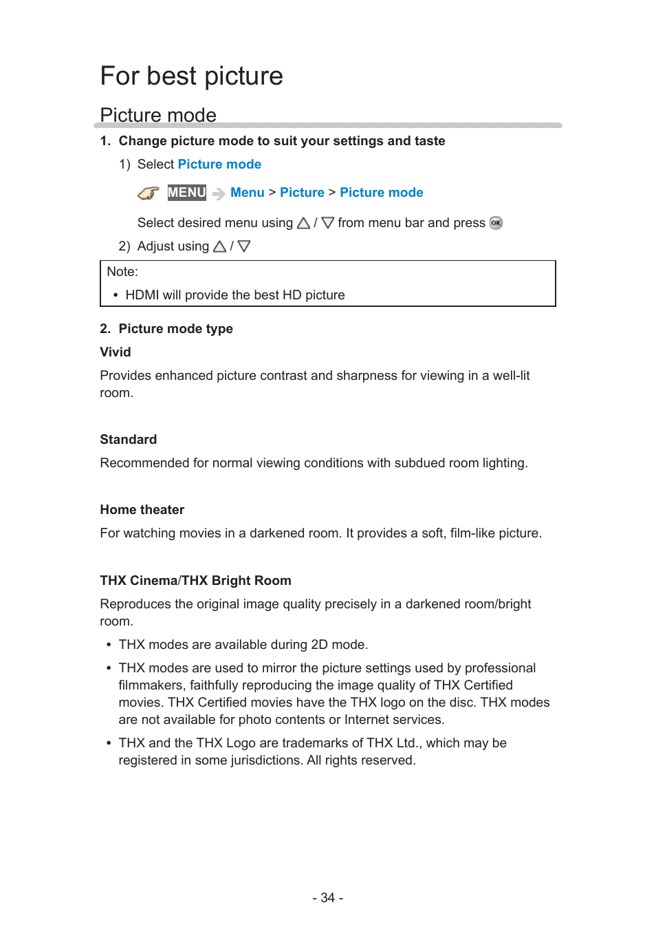 For best picture, Picture mode, Picture mode 34 | Panasonic TC-58AX800U User Manual | Page 34 / 209