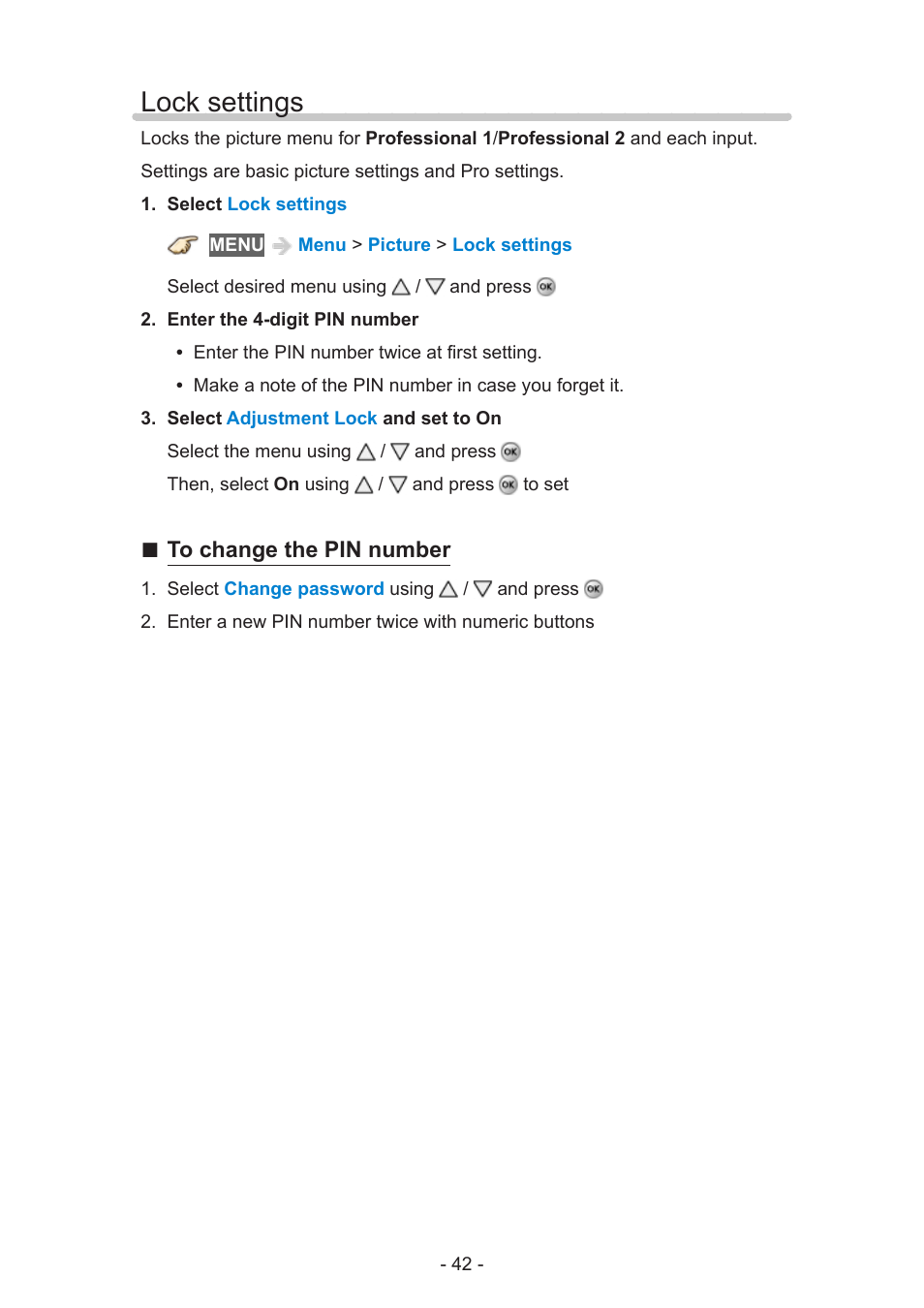Lock settings, Lock settings 42 | Panasonic TC-58AX800U User Manual | Page 42 / 209