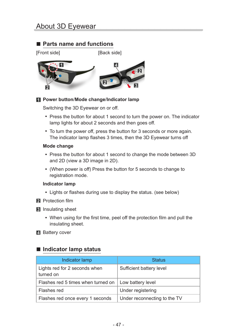 About 3d eyewear, Parts name and functions, Indicator lamp status | Panasonic TC-58AX800U User Manual | Page 47 / 209