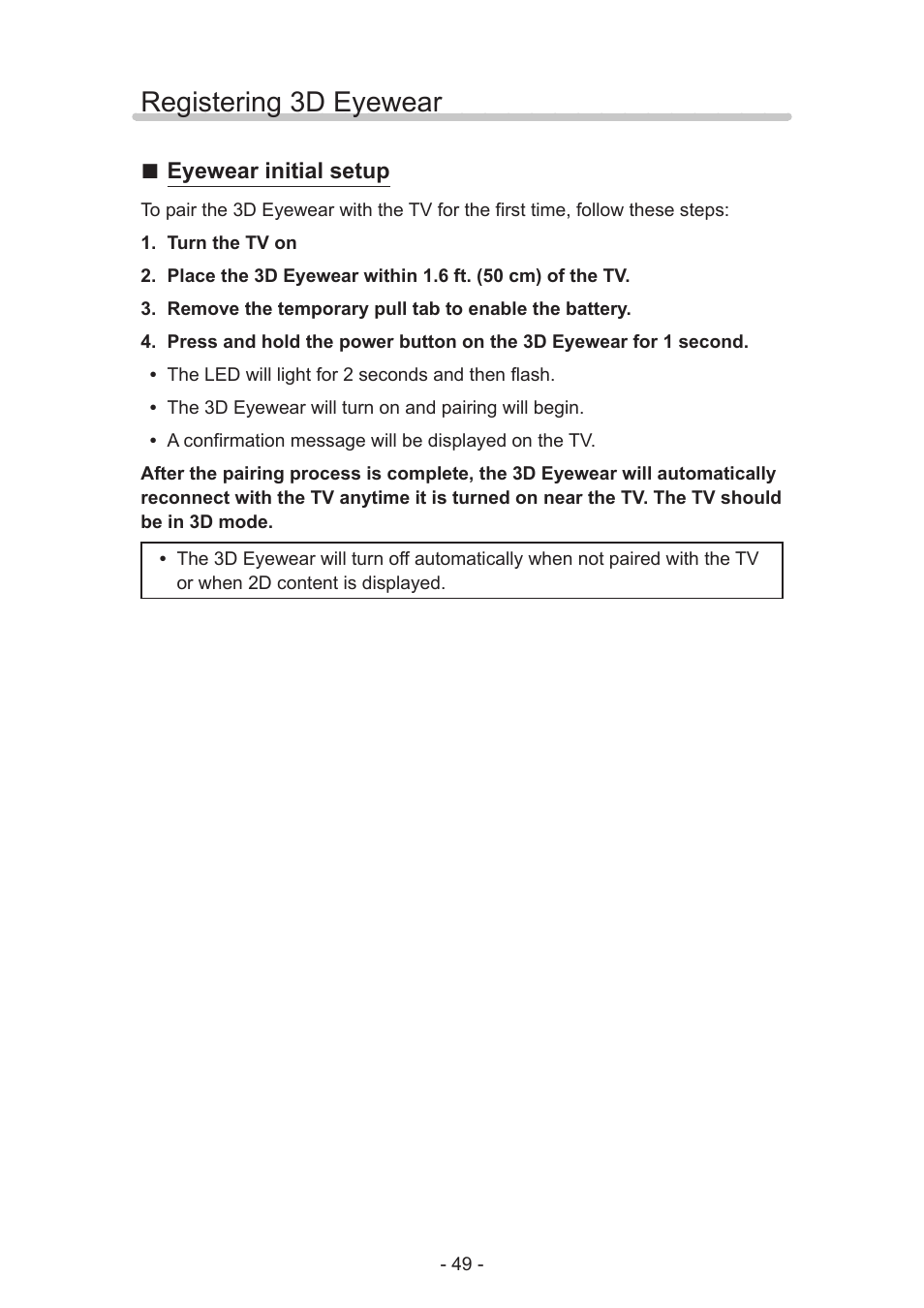 Registering 3d eyewear, Eyewear initial setup | Panasonic TC-58AX800U User Manual | Page 49 / 209