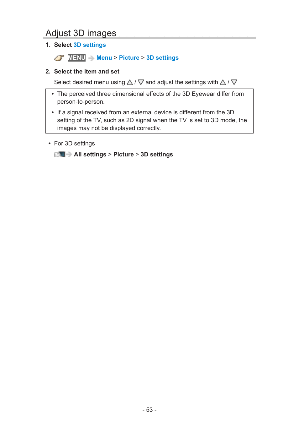 Adjust 3d images | Panasonic TC-58AX800U User Manual | Page 53 / 209