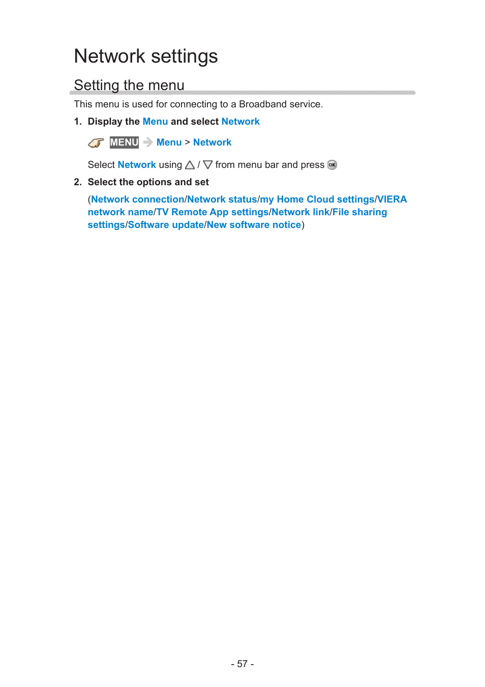 Network settings, Setting the menu | Panasonic TC-58AX800U User Manual | Page 57 / 209